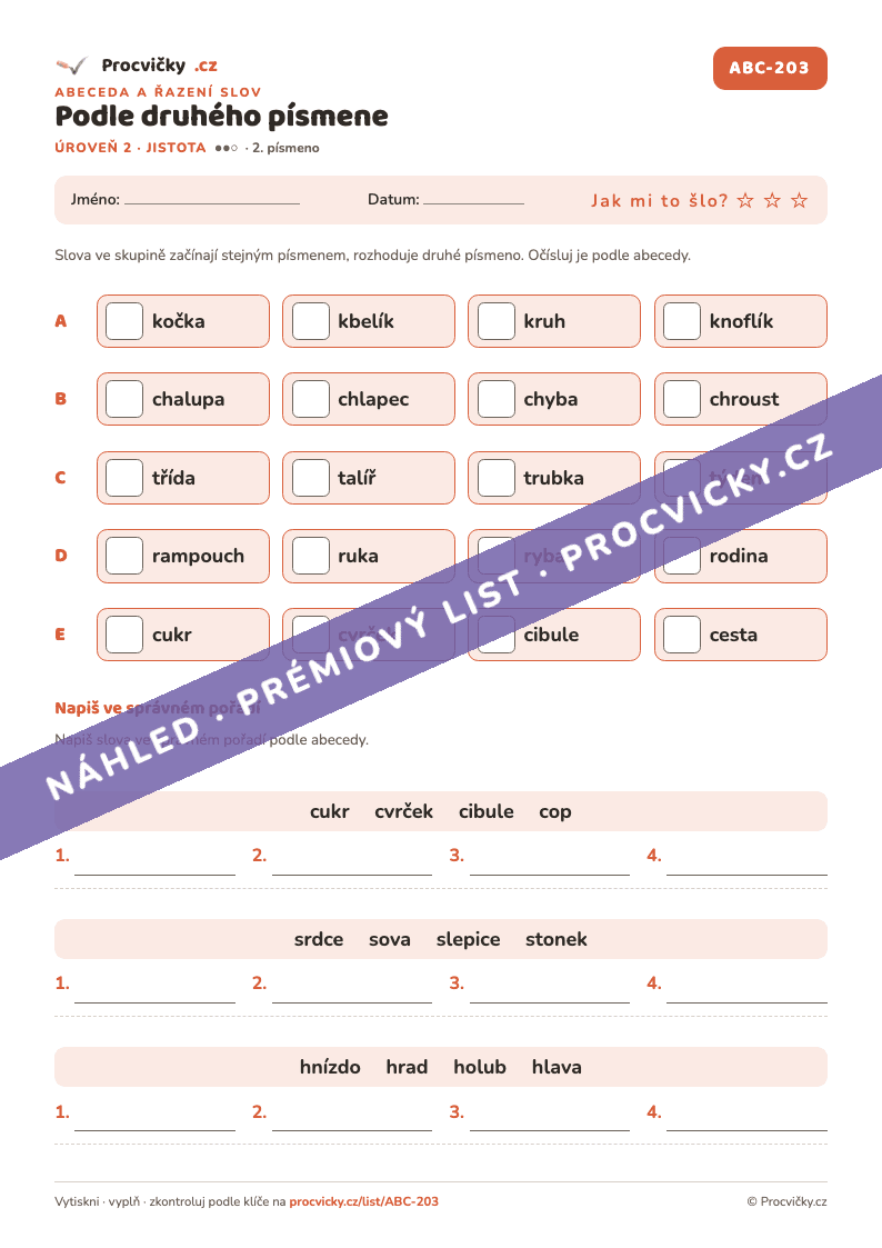 Náhled pracovního listu Podle druhého písmene