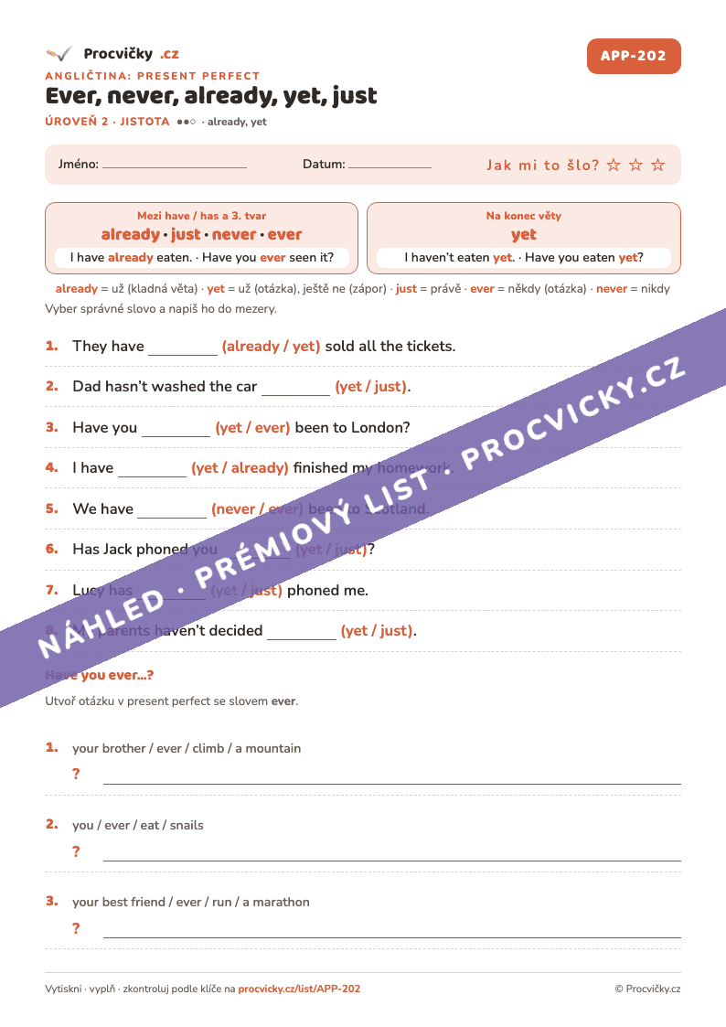 Náhled listu Ever, never, already, yet, just