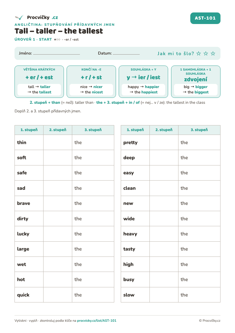 Náhled listu Tall – taller – the tallest