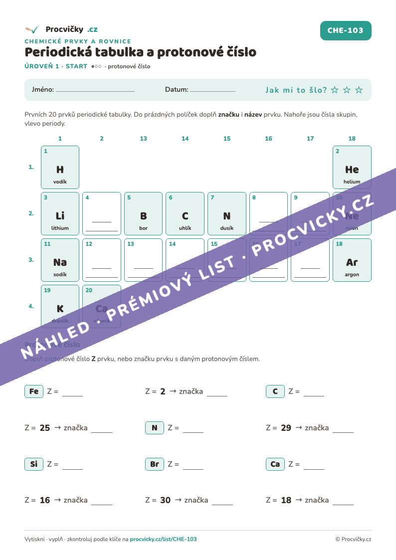 Náhled pracovního listu Periodická tabulka a protonové číslo