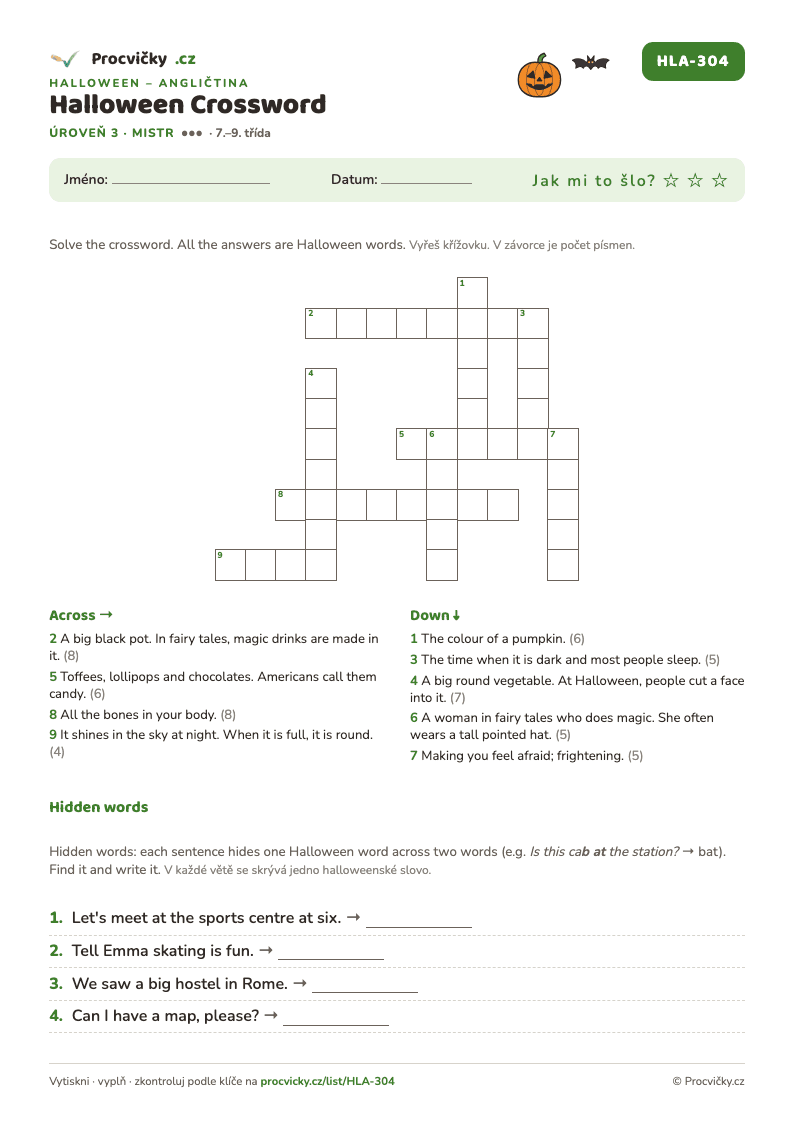 Náhled pracovního listu Halloween Crossword
