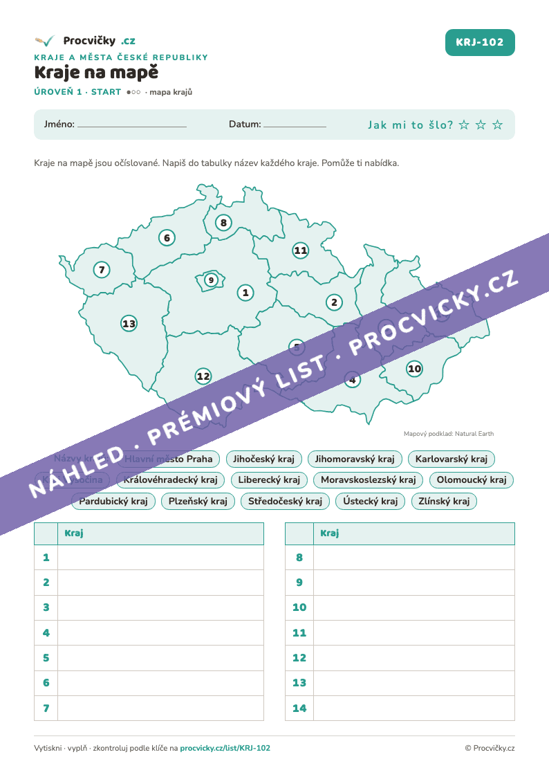 Náhled pracovního listu Kraje na mapě