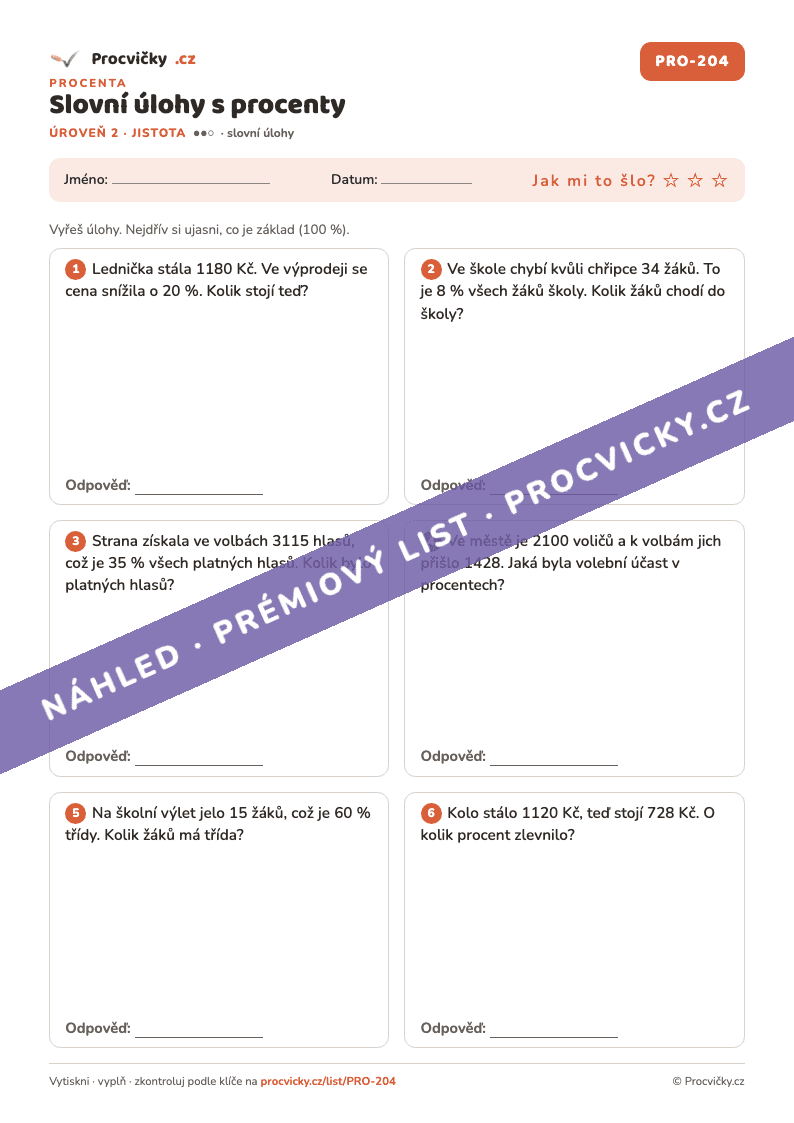 Náhled pracovního listu Slovní úlohy s procenty