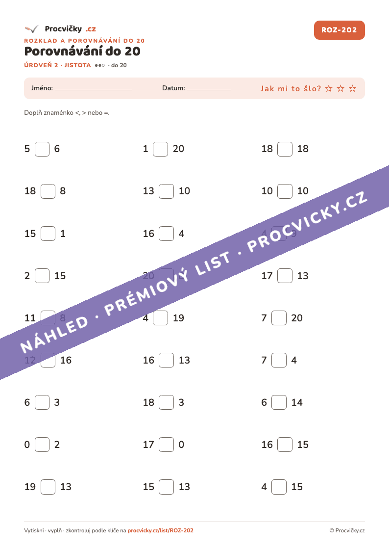 Náhled pracovního listu Porovnávání do 20