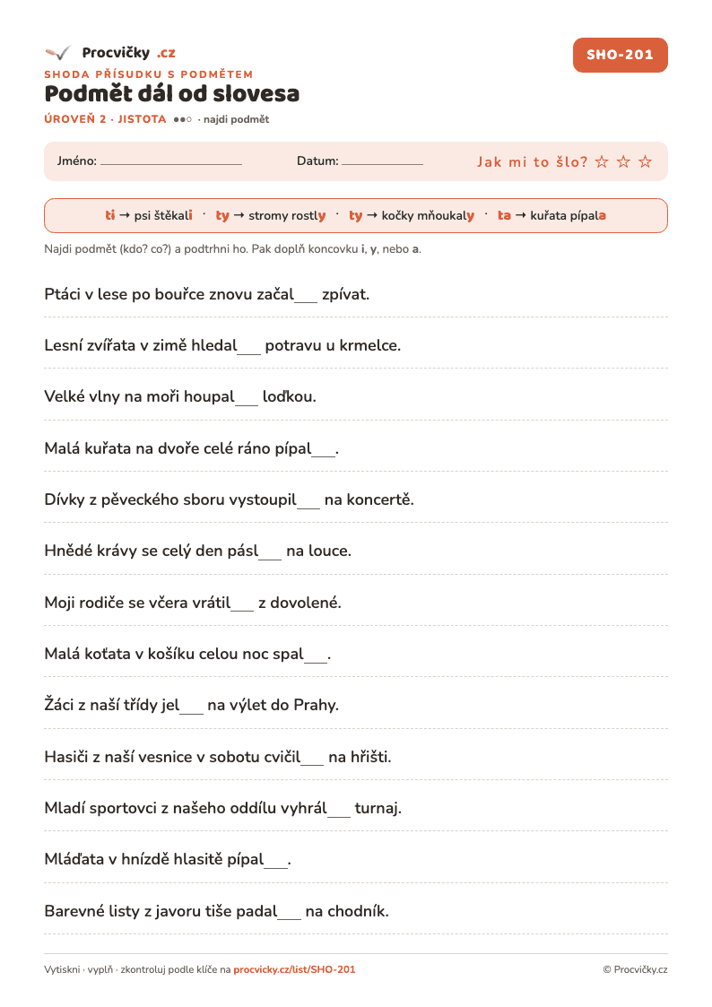 Náhled listu Podmět dál od slovesa