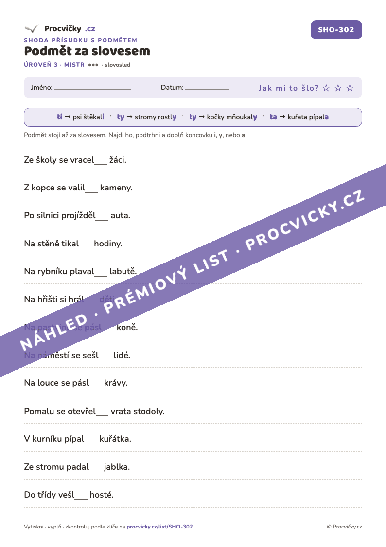 Náhled listu Podmět za slovesem
