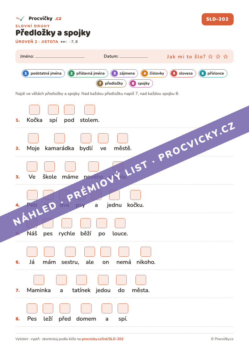 Náhled pracovního listu Předložky a spojky